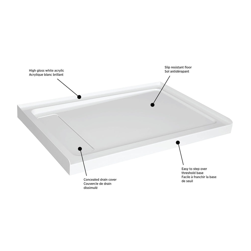 Base de douche en acrylique de 48 po x 32 po avec drain dissimulé à gauche