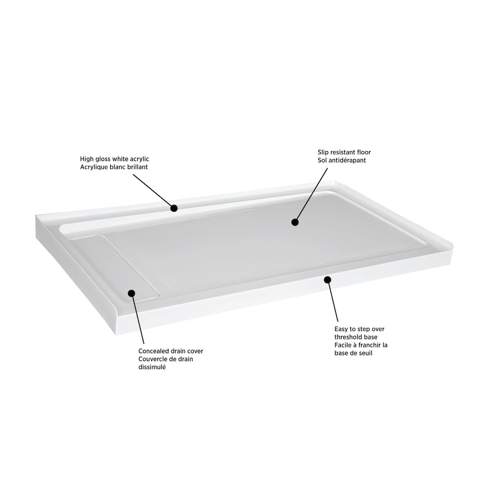 60-inch x 32-inch Acrylic Shower Base with Left Concealed Drain With Anti-Slip Surface