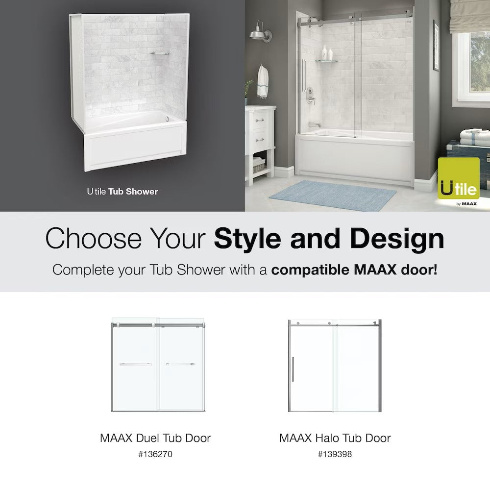 Utile 60 in. L x 30 in. W x 80.5 in. H Tub Shower Kit with Left Drain Acrylic Bathtub, 1 Glass Shelf & Origin Arctik Matte Finish Tub Surround/Wall