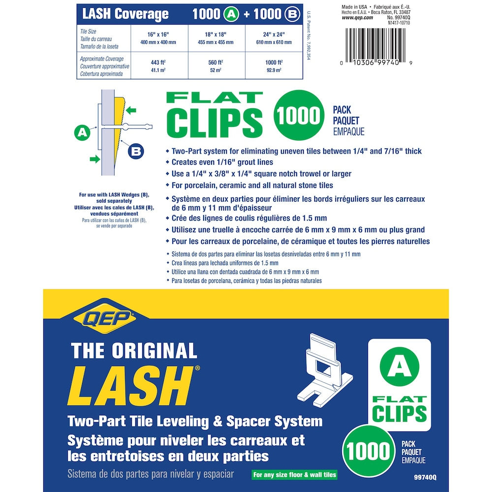 Système de nivellement de carreaux de sol et de mur LASH, clips plats, partie A (paquet de 1 000)