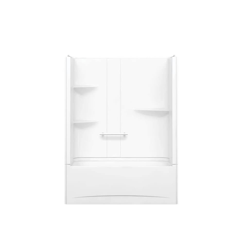 Camelia 60 in. L x 32 in. W x 79 in. H 2-Piece Above-The-Floor-Rough Acrylic Tub Shower Stall/Kit with Tub Surround/Wall, Built-In Shelves & Right Drain Bathtub