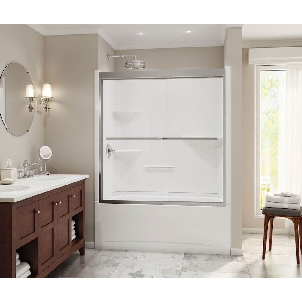 Camelia 60 in. L x 32 in. W x 79 in. H 2-Piece Above-The-Floor-Rough Acrylic Tub Shower Stall/Kit with Tub Surround/Wall, Built-In Shelves & Right Drain Bathtub