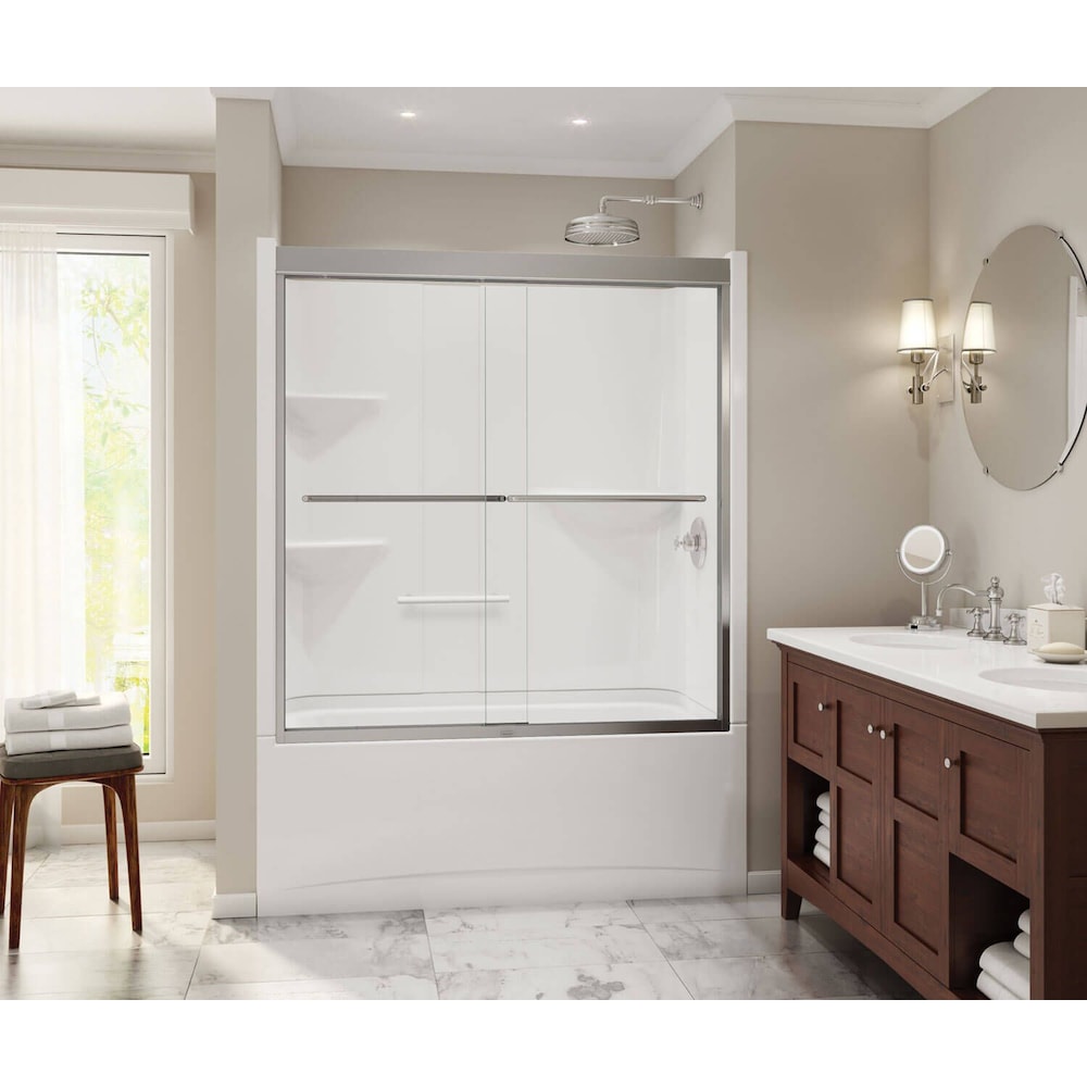 Camelia 60 in. L x 32 in. W x 79 in. H 2-Piece Above-The-Floor-Rough Acrylic Tub Shower Stall/Kit with Tub Surround/Wall, Built-In Shelves & Right Drain Bathtub