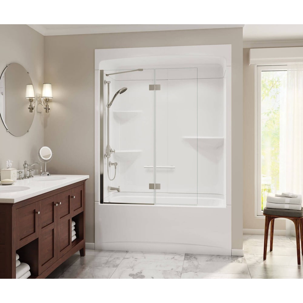 Camelia 60 in. L x 32 in. W x 88 in. H 3-Piece Above-The-Floor-Rough Acrylic Tub Shower Stall/Kit with Tub Surround/Wall, Built-In Shelves, Left Drain Bathtub & Roof Cap
