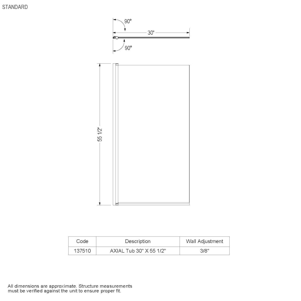 Axial 30W x 55.5H-inch Frameless Fixed Tub Shield in Chrome with Clear Glass