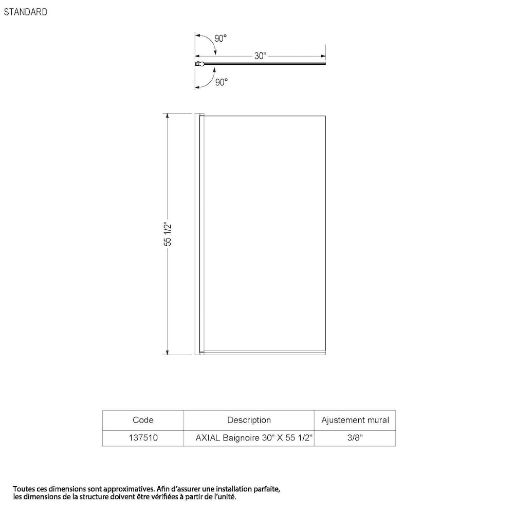 Axial 30W x 55.5H-inch Frameless Fixed Tub Shield in Chrome with Clear Glass