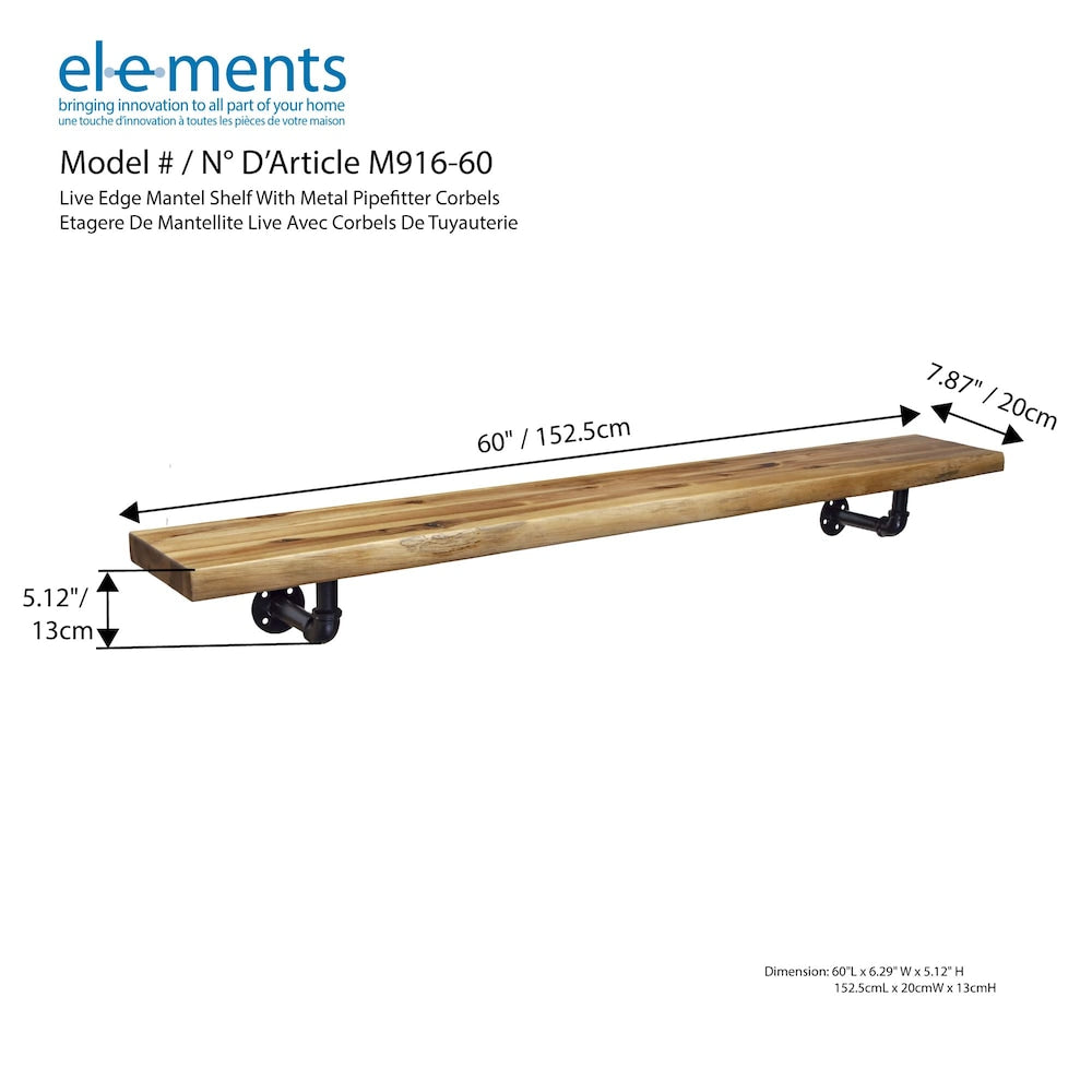 Étagère de cheminée Live Edge de 60 pouces avec corbeaux de tuyauteur en métal