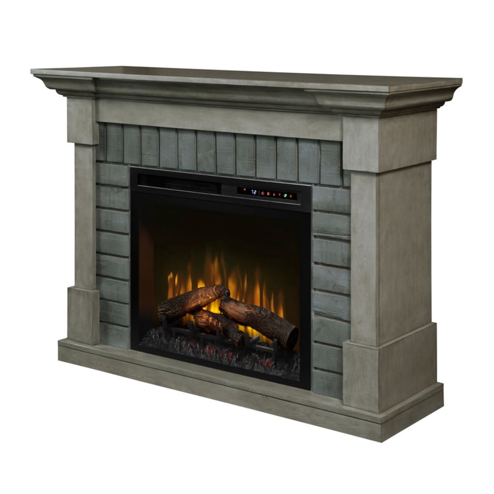 Royce 52-inch Mantel in Smoke Stak Grey with 28-inch Electric Fireplace with Logs