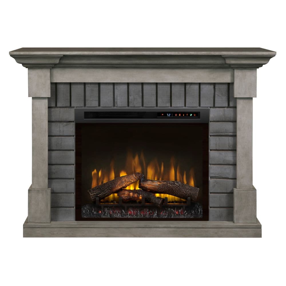 Royce 52-inch Mantel in Smoke Stak Grey with 28-inch Electric Fireplace with Logs
