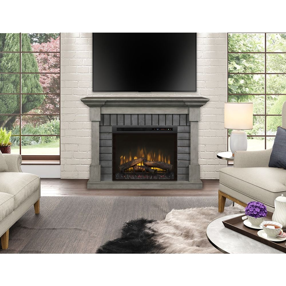 Royce 52-inch Mantel in Smoke Stak Grey with 28-inch Electric Fireplace with Logs