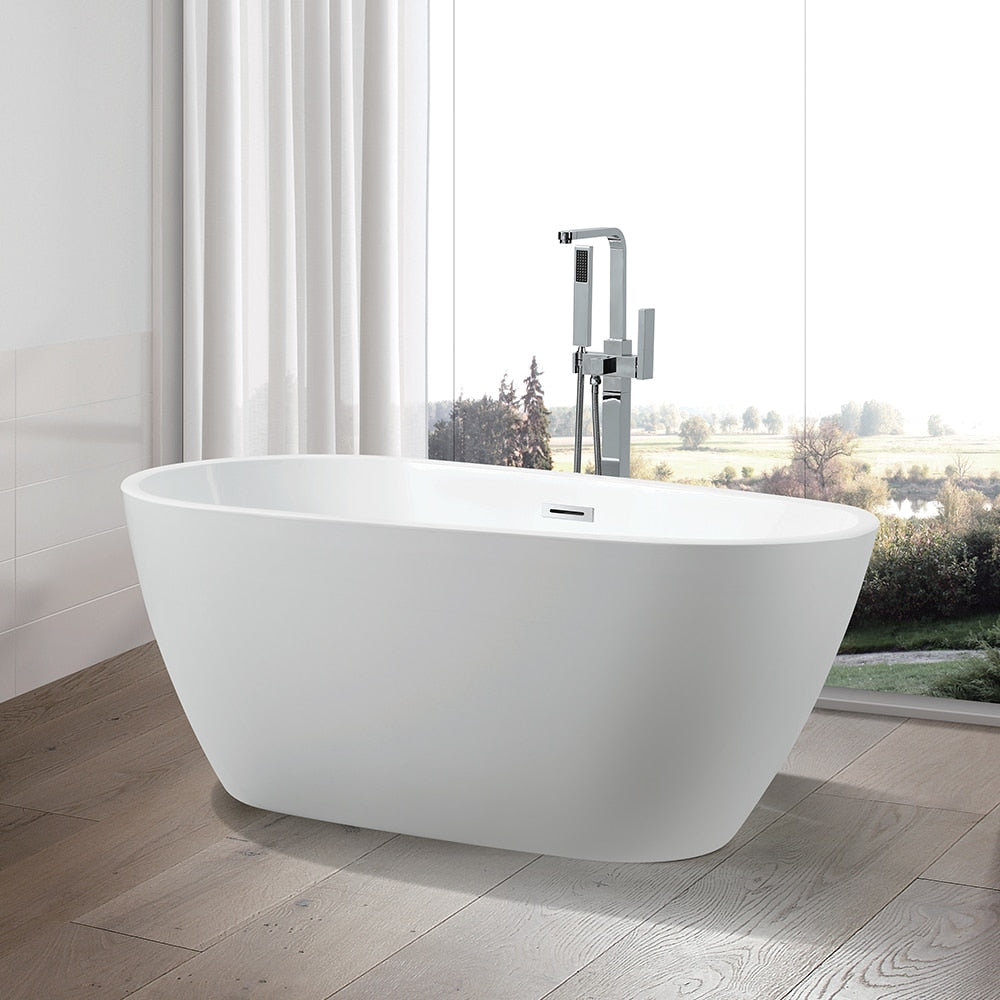 Freestanding acrylic bathtub with polished chrome slotted overflow and pop-up drain. 6515