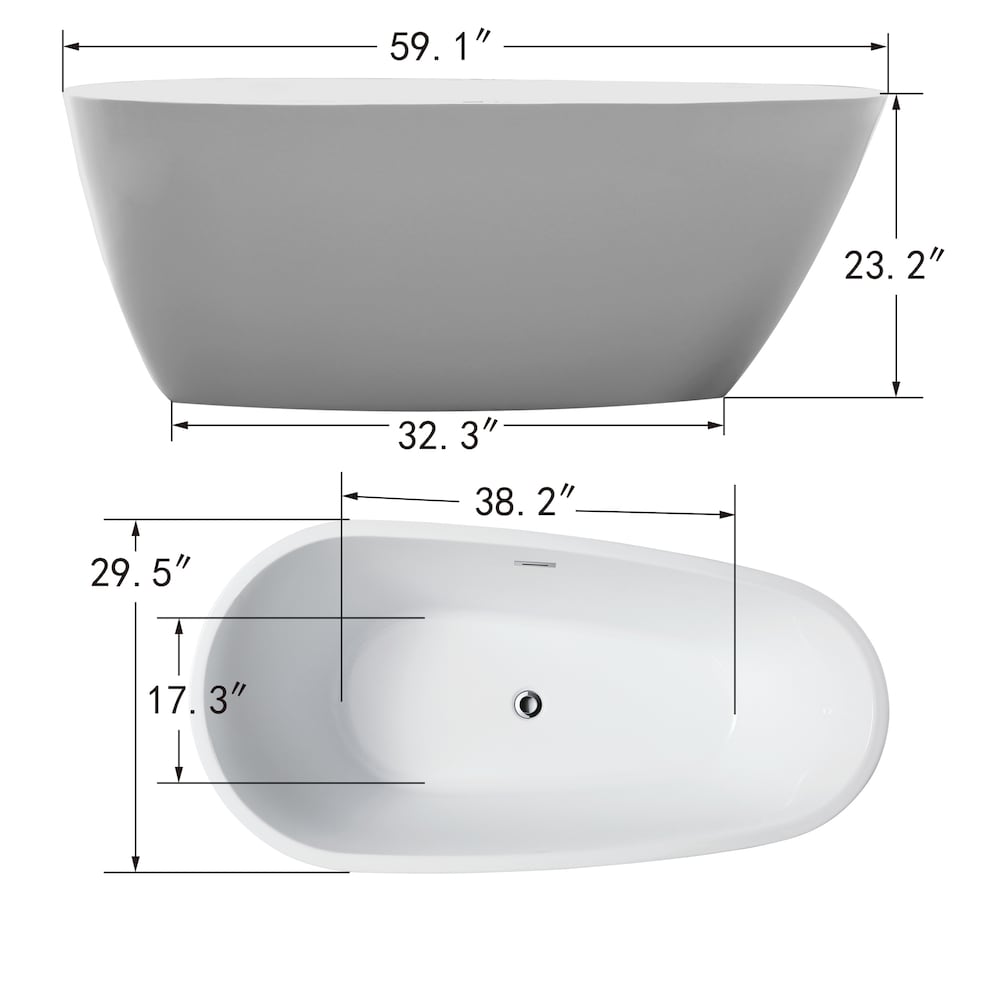 Freestanding acrylic bathtub with polished chrome slotted overflow and pop-up drain. 6515