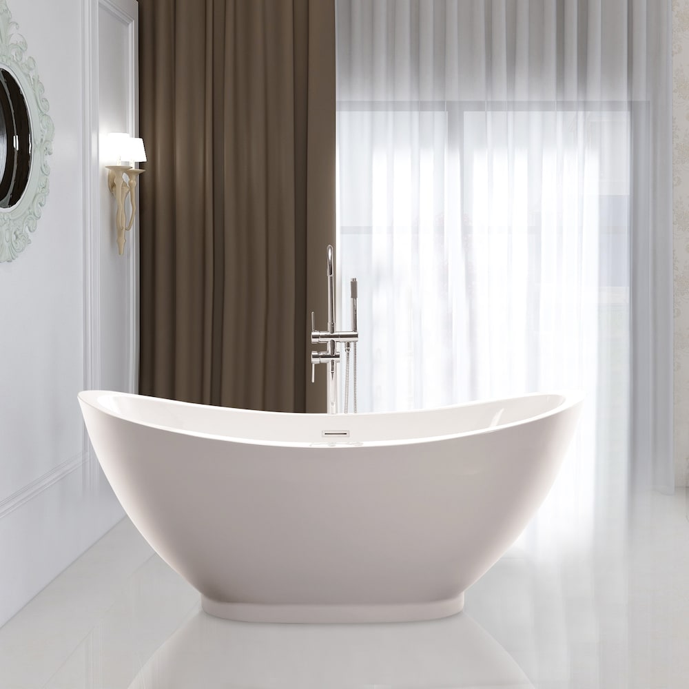 Freestanding acrylic bathtub with polished chrome slotted overflow and pop-up drain. 6516