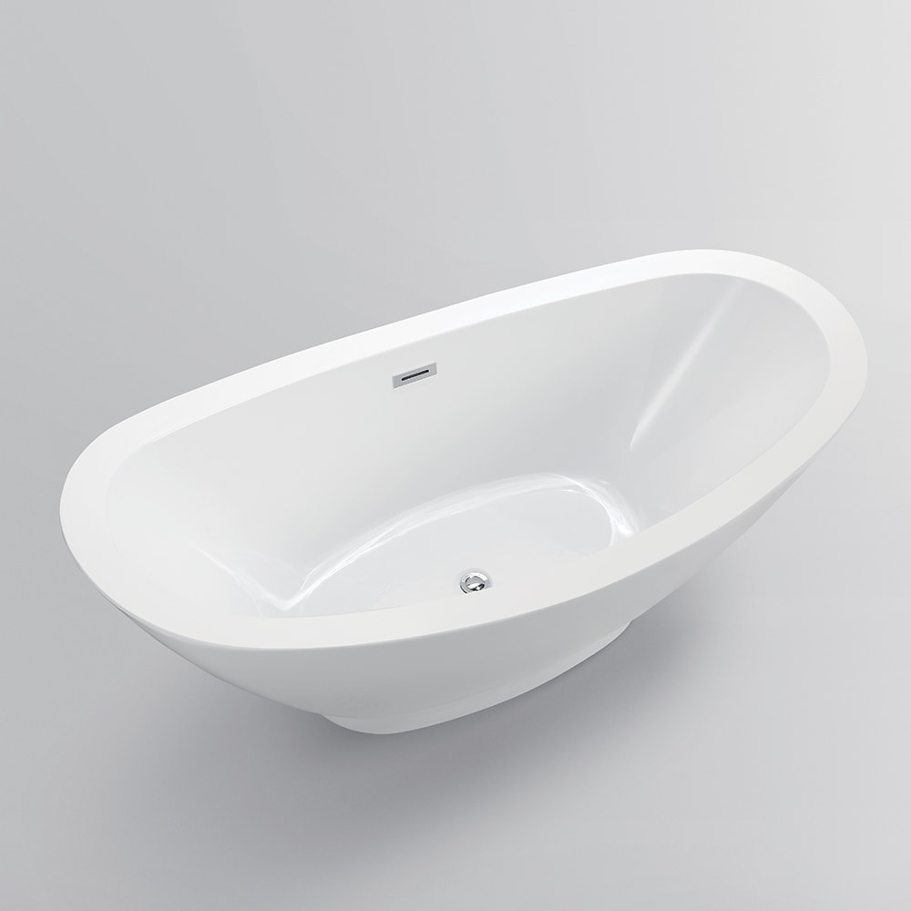 Freestanding acrylic bathtub with polished chrome slotted overflow and pop-up drain. 6516