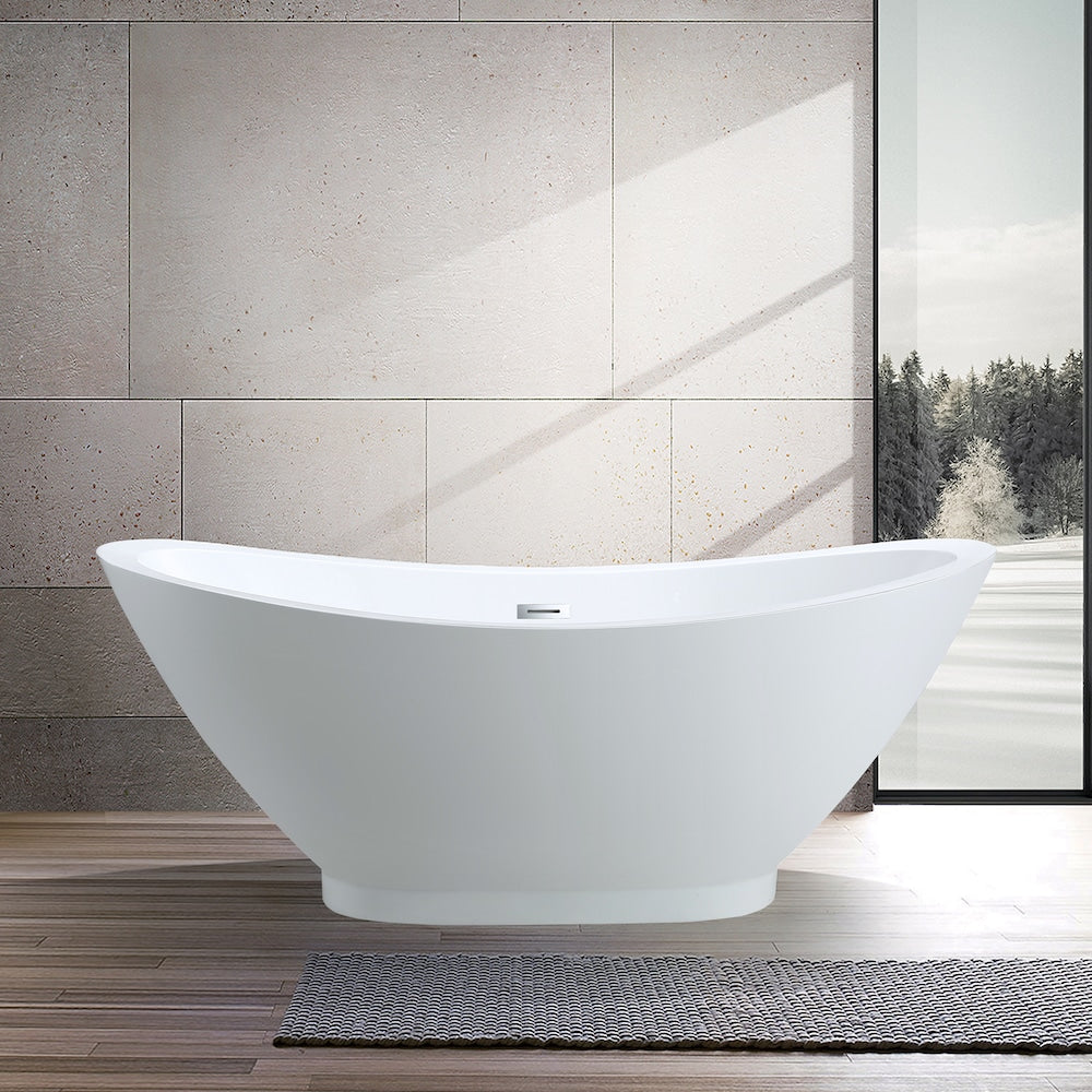 Freestanding acrylic bathtub with polished chrome slotted overflow and pop-up drain. 6516