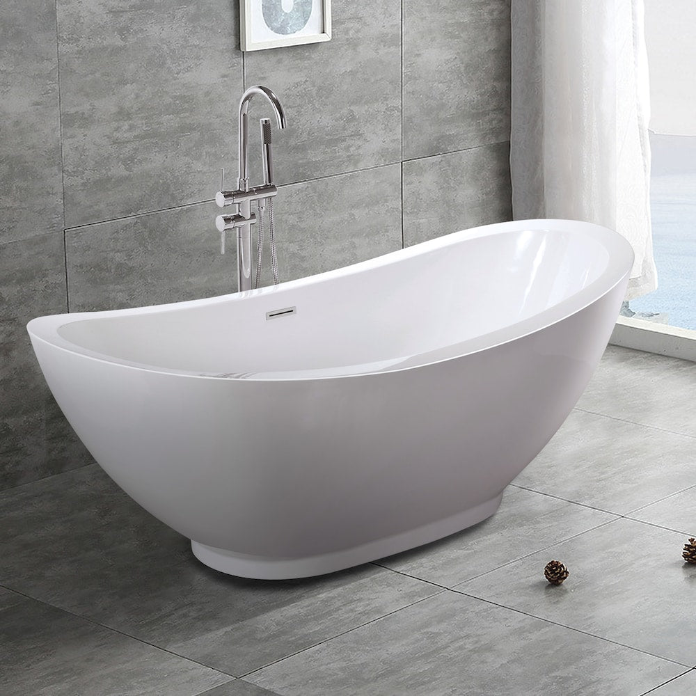 Freestanding acrylic bathtub with polished chrome slotted overflow and pop-up drain. 6516