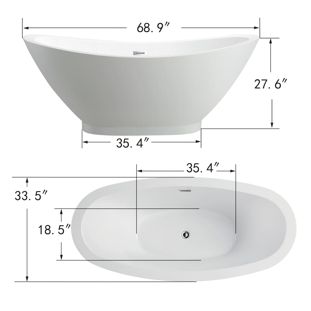 Freestanding acrylic bathtub with polished chrome slotted overflow and pop-up drain. 6516