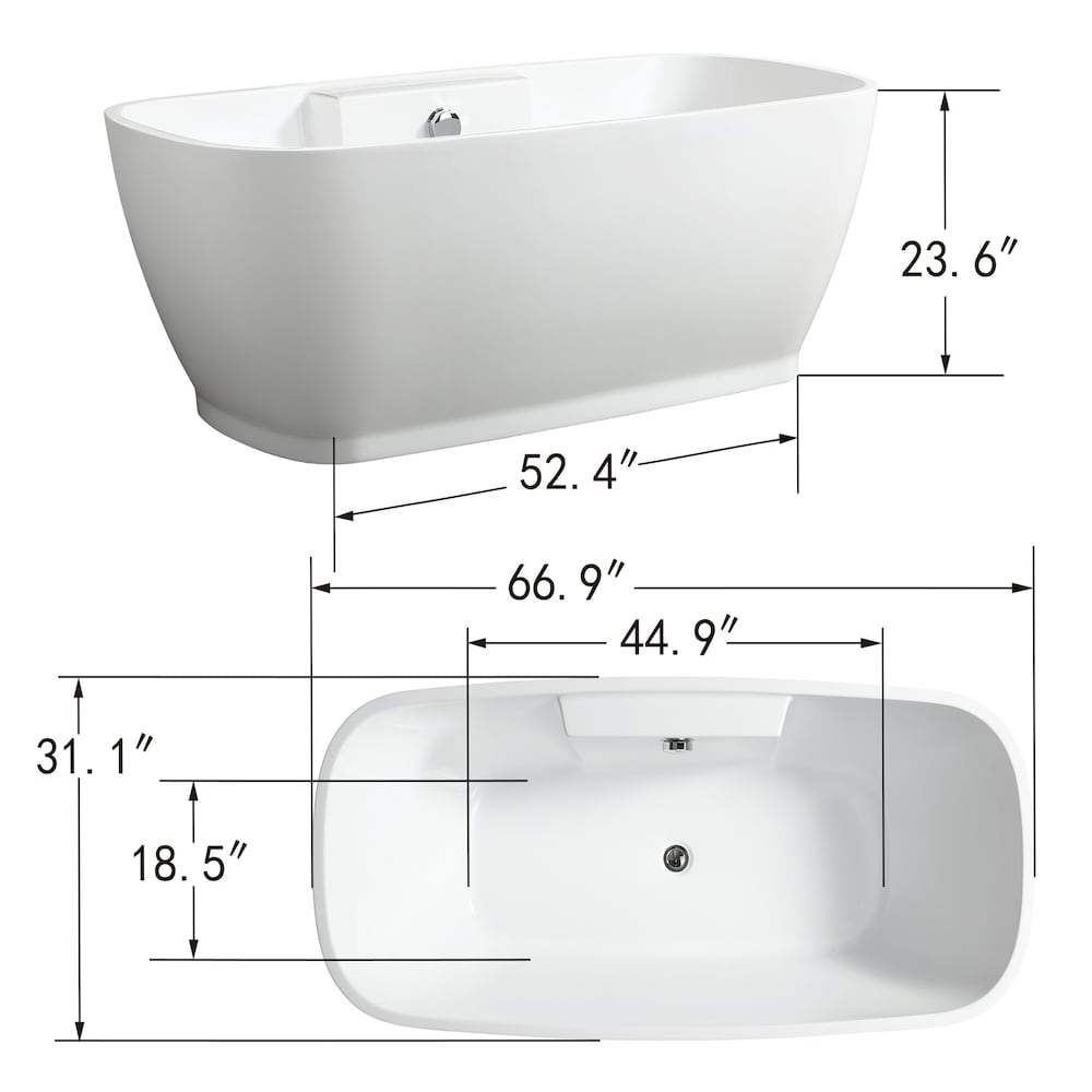 Baignoire autoportante en acrylique avec trop-plein rond en chrome poli et bonde escamotable. 6835-L