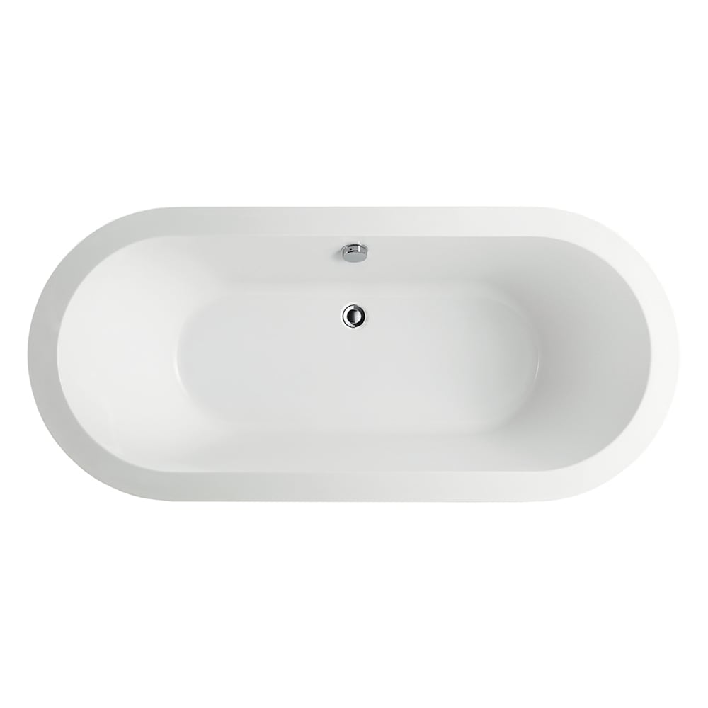 Freestanding acrylic bathtub with polished chrome round overflow and pop-up drain. 6836
