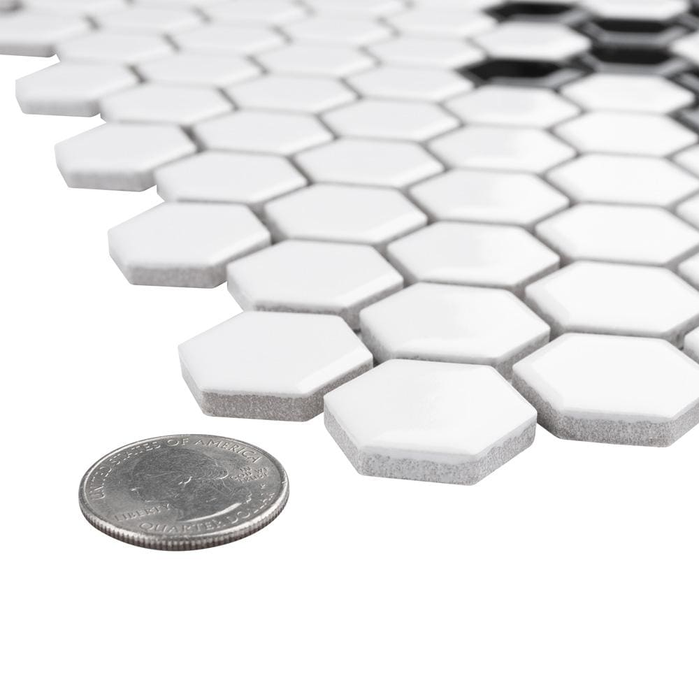 Metro Hex Glossy White w Black Snowflake 10-1/4-inch x 11-3/4-inch x5mm Porcelain Mosaic(8.56 sf/ca)