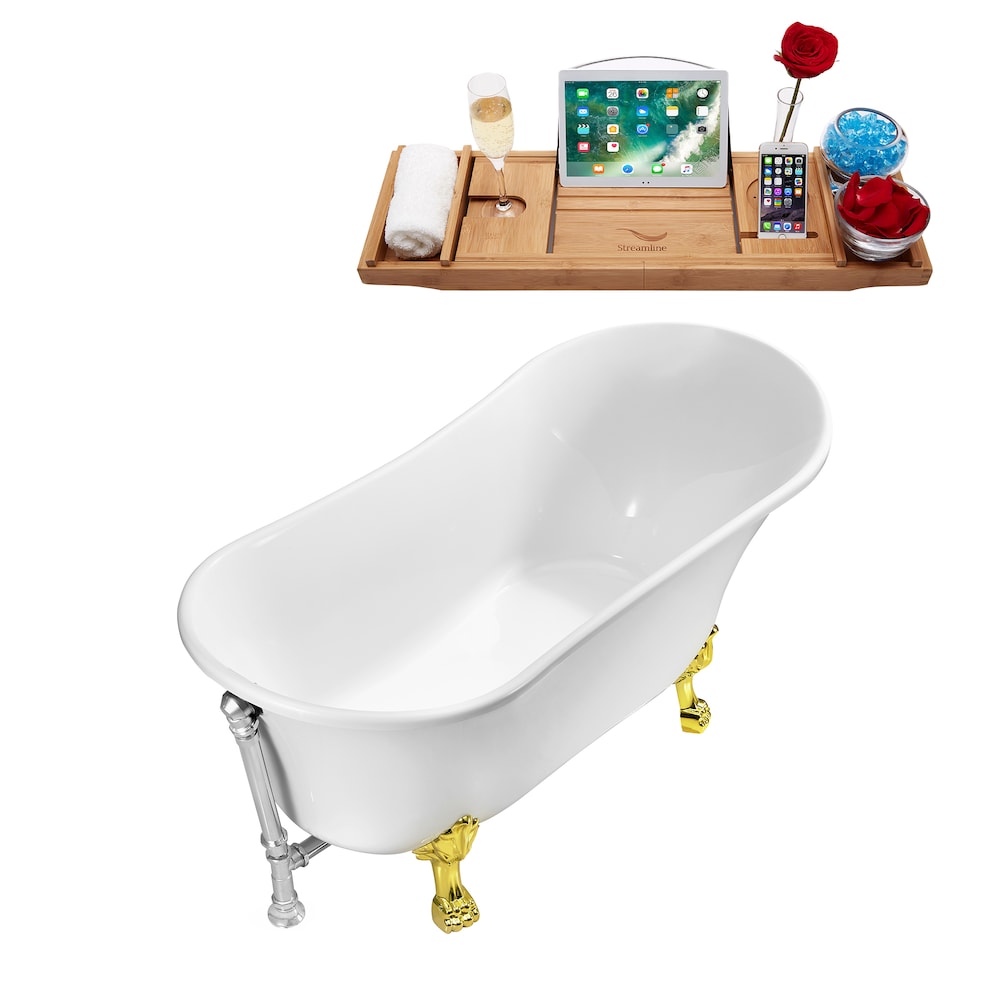 67-inch N340GLD-CH Soaking Clawfoot Tub and Tray With External Drain