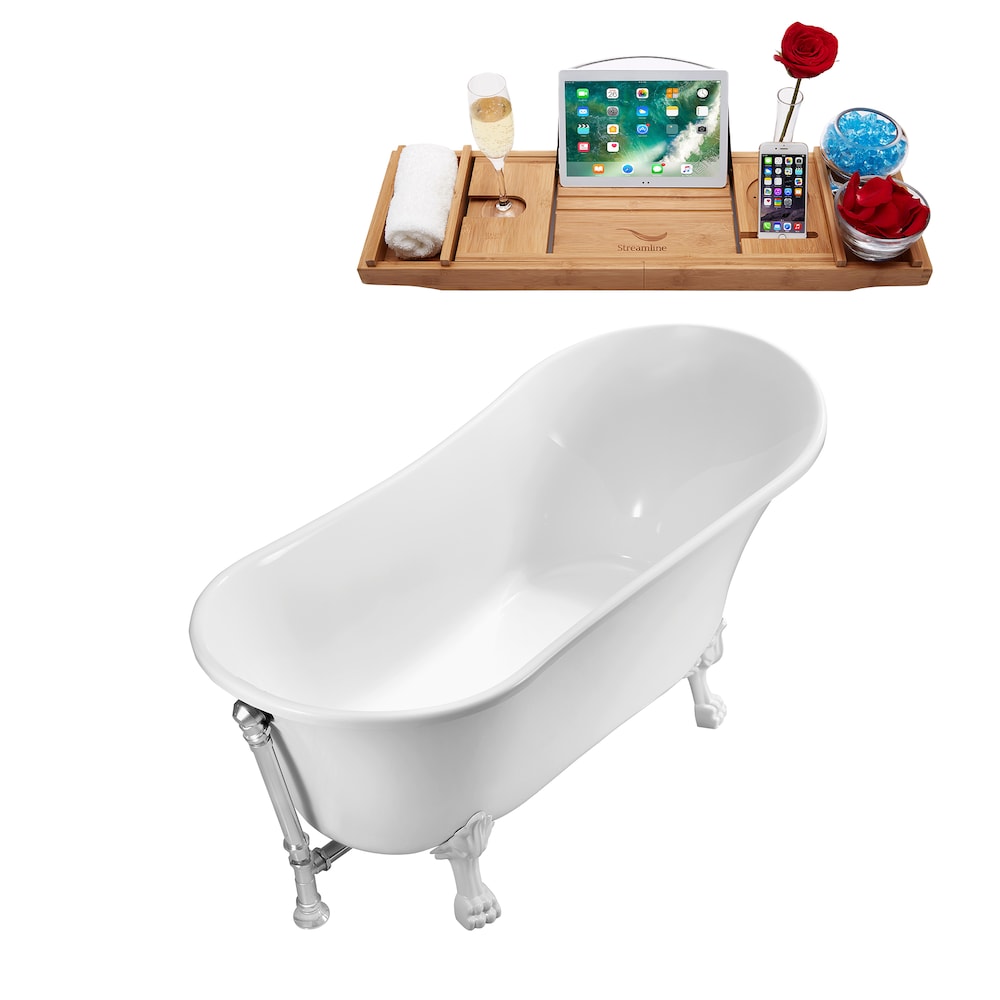 63-inch N342WH-CH Soaking Clawfoot Tub and Tray With External Drain