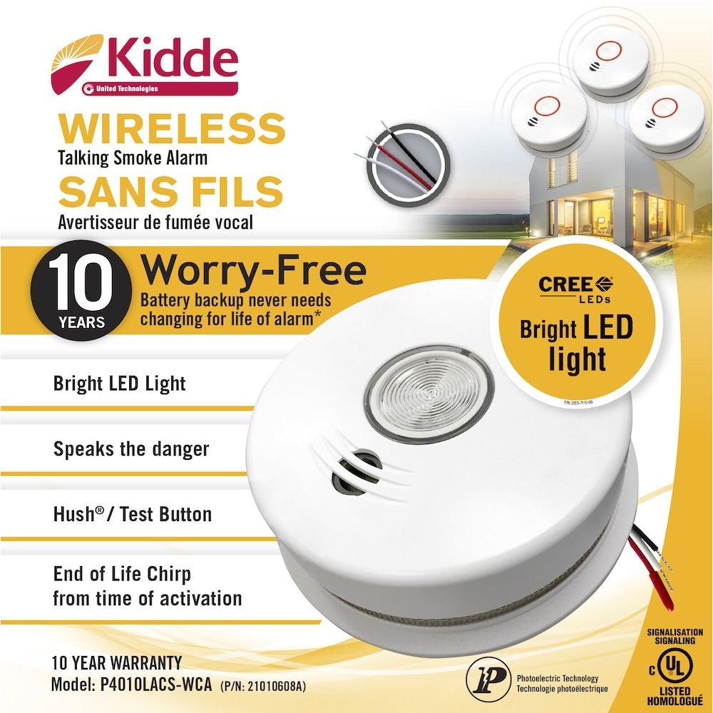 Worry Free Wireless Hardwire Smoke Alarm with Voice Alert and LED Safety Light