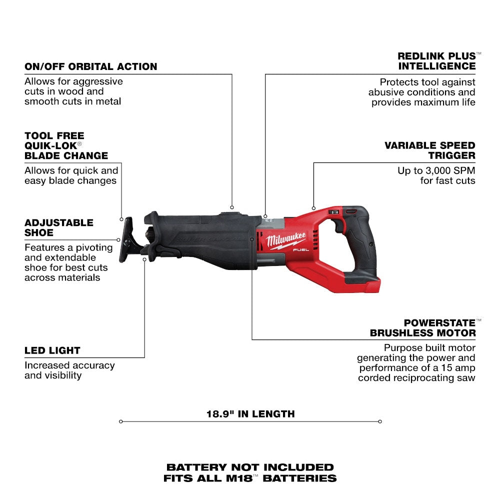 M18 FUEL 18V Lithium-Ion Brushless Cordless SUPER SAWZALL Orbital Reciprocating Saw (Tool Only)