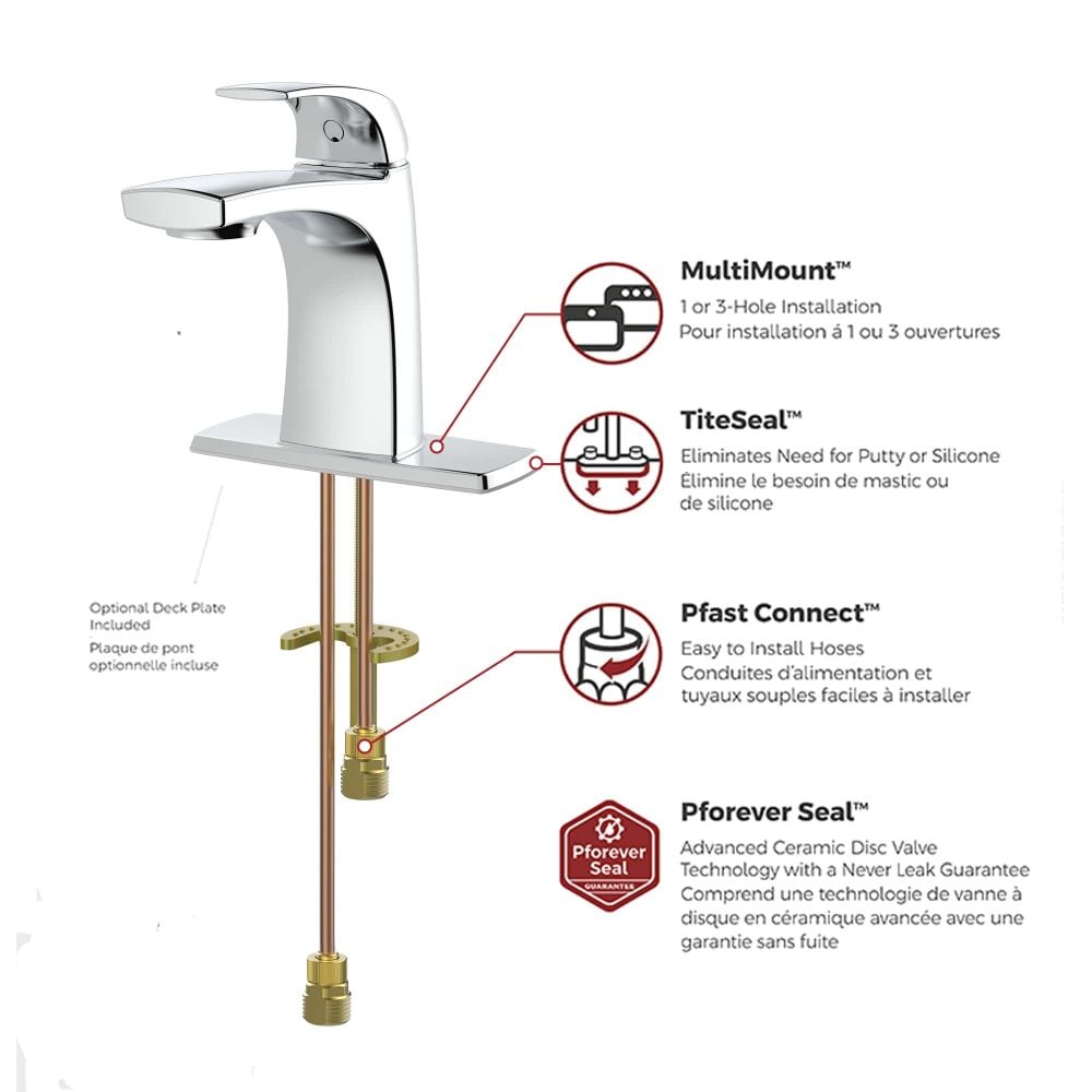 Robinet de lavabo de salle de bain Karci à poignée unique en chrome poli à 1 ou 3 trous