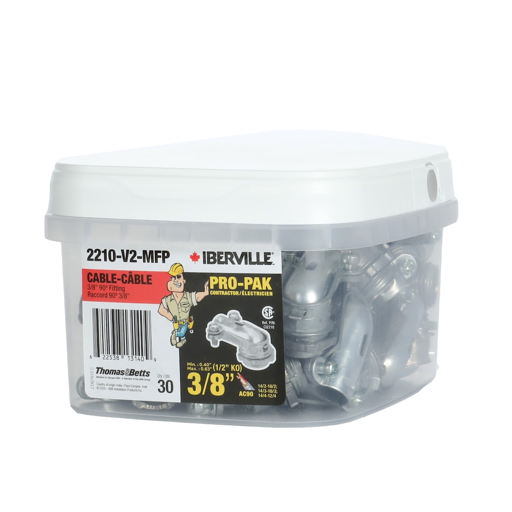 Raccord à 90 degrés en alliage de zinc, taille commerciale 3/8 po (1/2 po KO) (paquet de 30 unités)