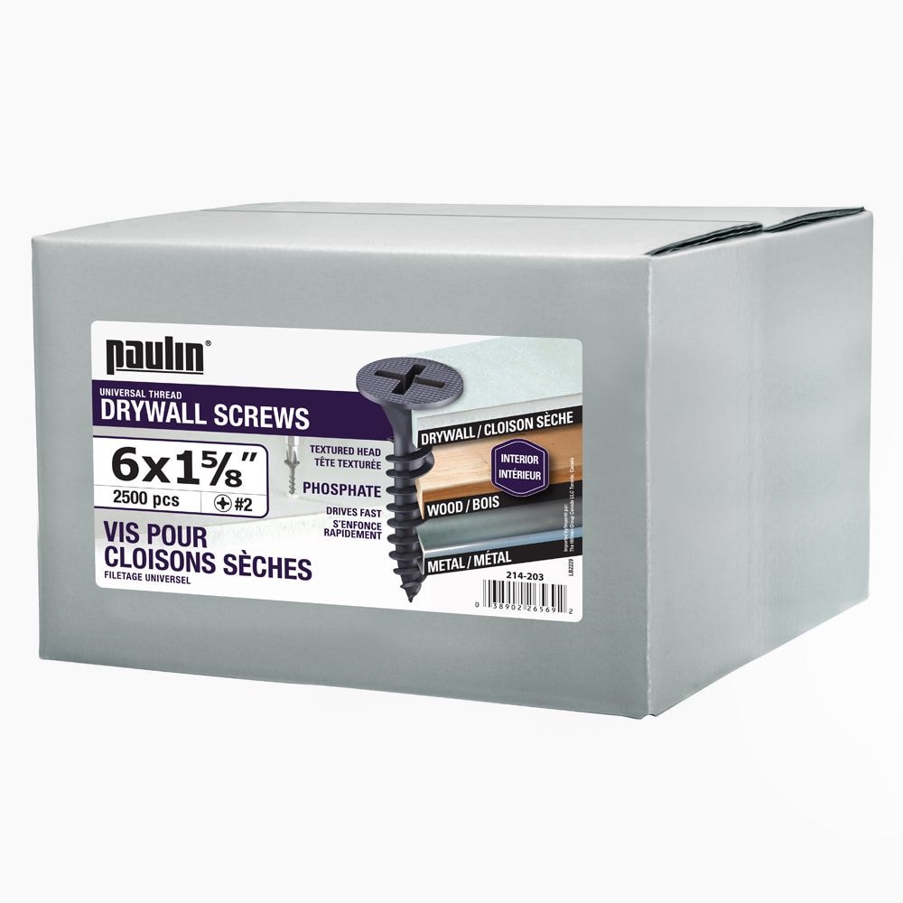 Vis à tête plate Phillips Drive pour cloisons sèches #6 x 1-5/8 pouces, filetage universel - 2500 pièces