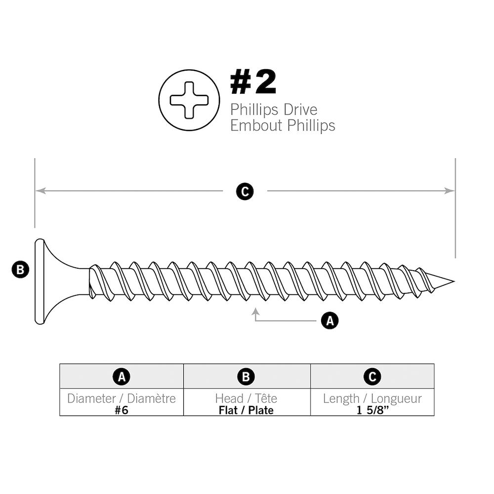 Vis à tête plate Phillips Drive pour cloisons sèches #6 x 1-5/8 pouces, filetage universel - 2500 pièces