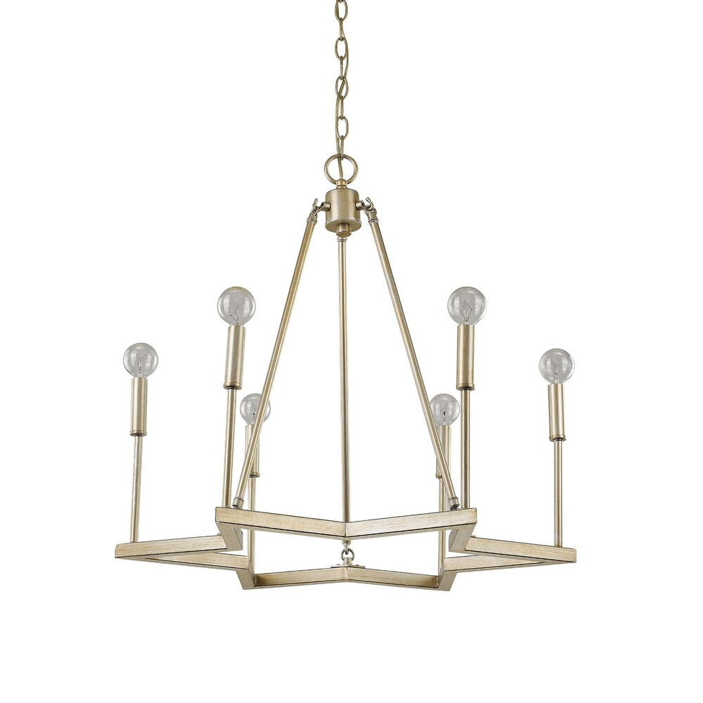 Reagan 6-Light Washed Gold Chandelier star shaped base with vertically placed candlestick holders