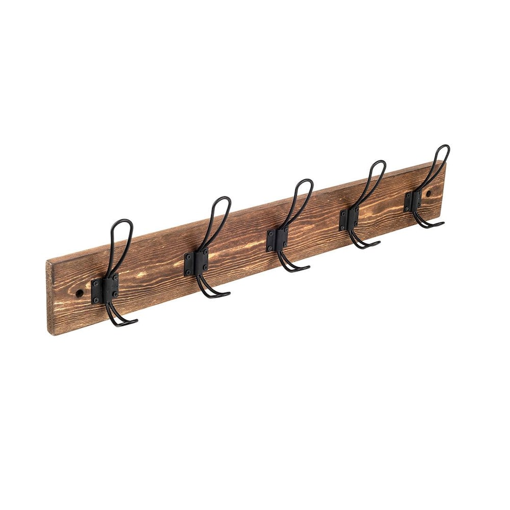 27-inch (685 mm) Classic Wood Hook Rack with 5 Steel Coat Hooks, Rustic Wood and Matte Black Finish