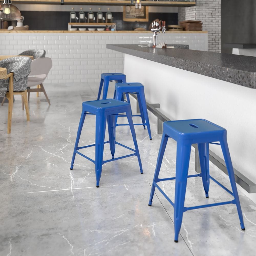 24" Blue No Back Metal Stool