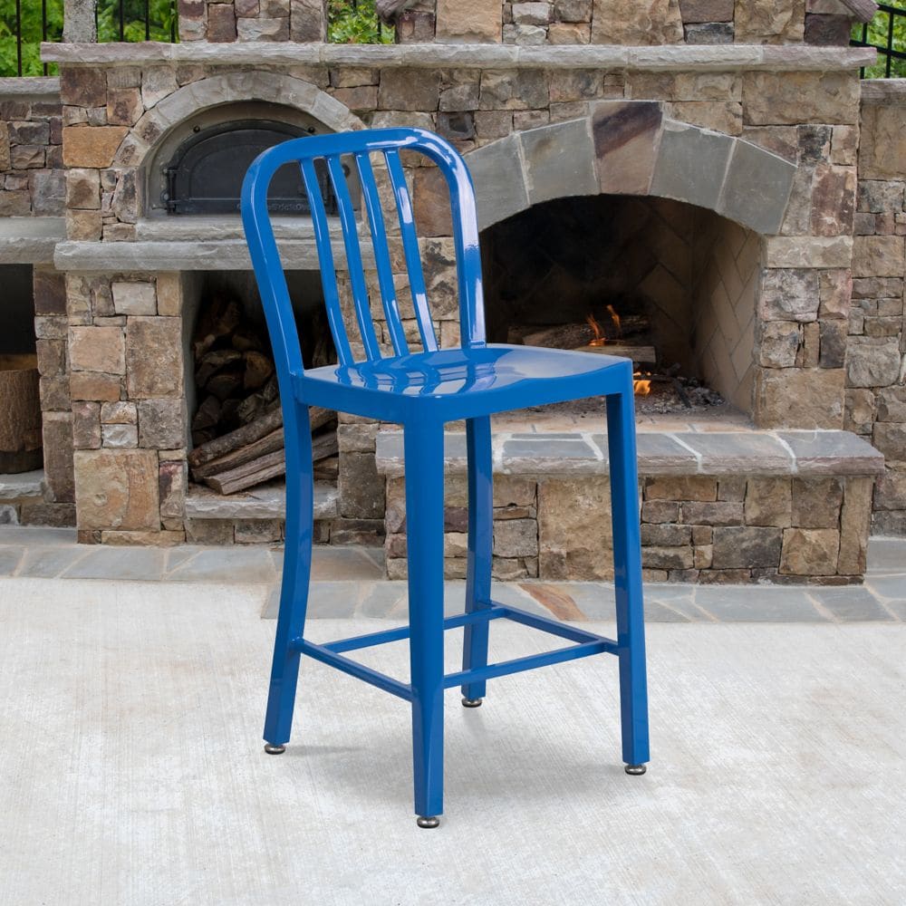 24" Blue Metal Outdoor Stool