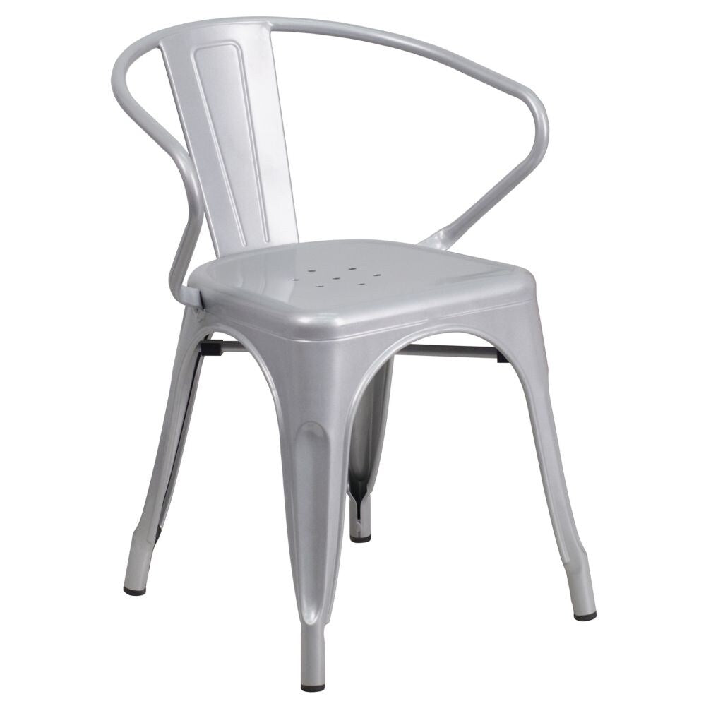 Chaise en métal argenté avec accoudoirs