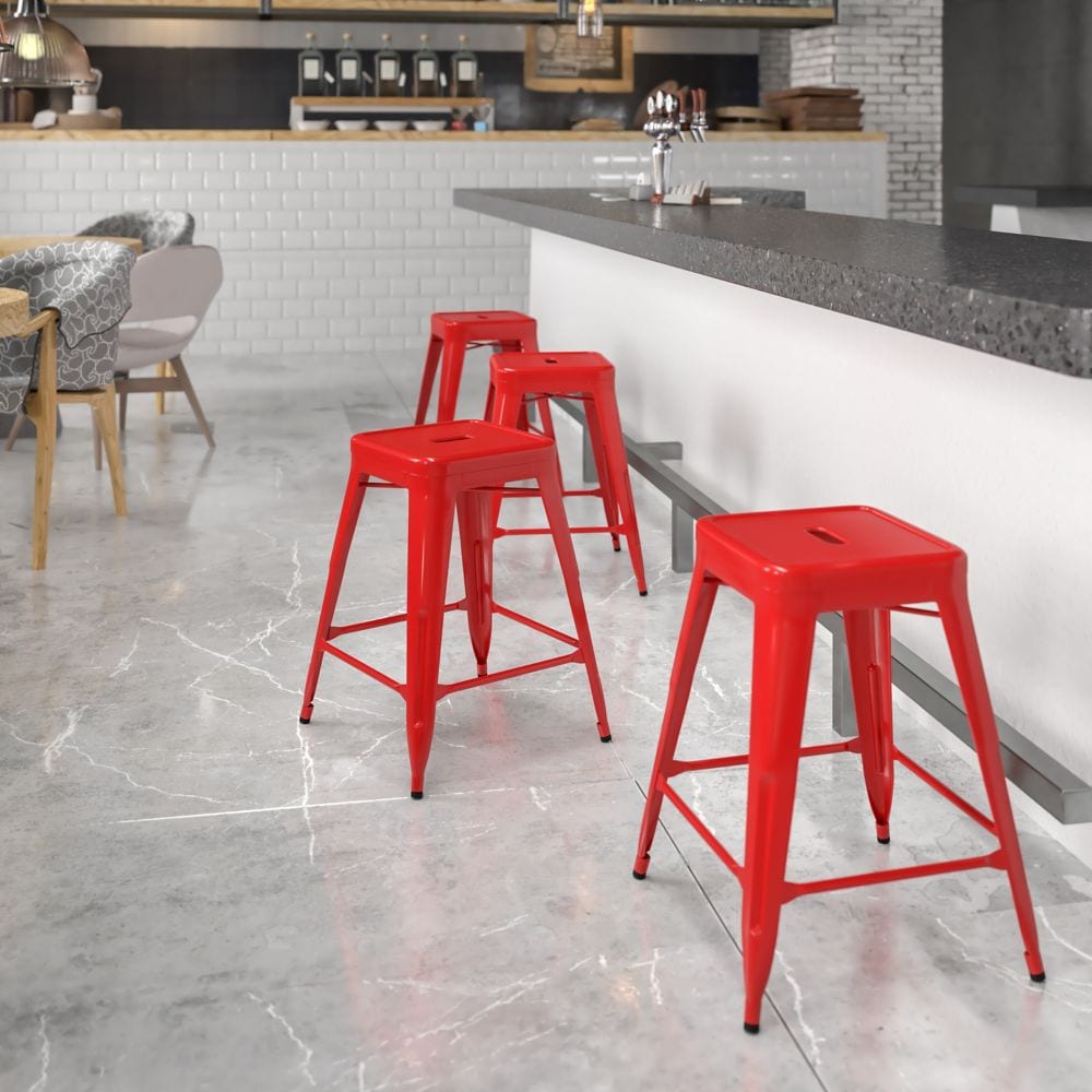 24" Red No Back Metal Stool