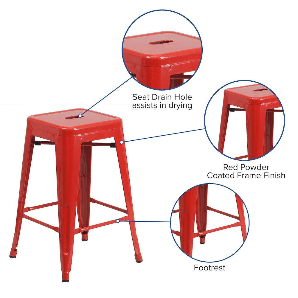 24" Red No Back Metal Stool