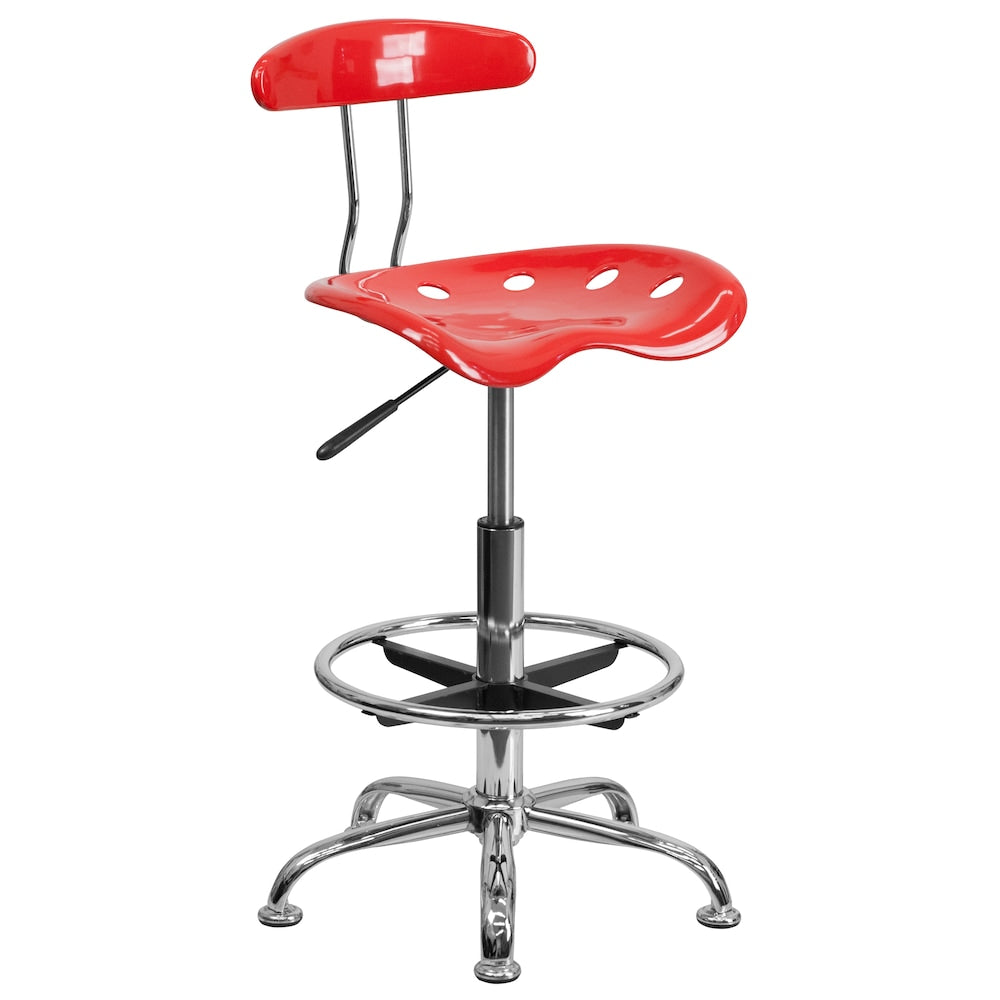 Tabouret de dessinateur chromé et couleur tomate cerise vibrante avec siège de tracteur