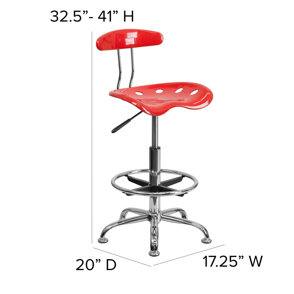 Tabouret de dessinateur chromé et couleur tomate cerise vibrante avec siège de tracteur