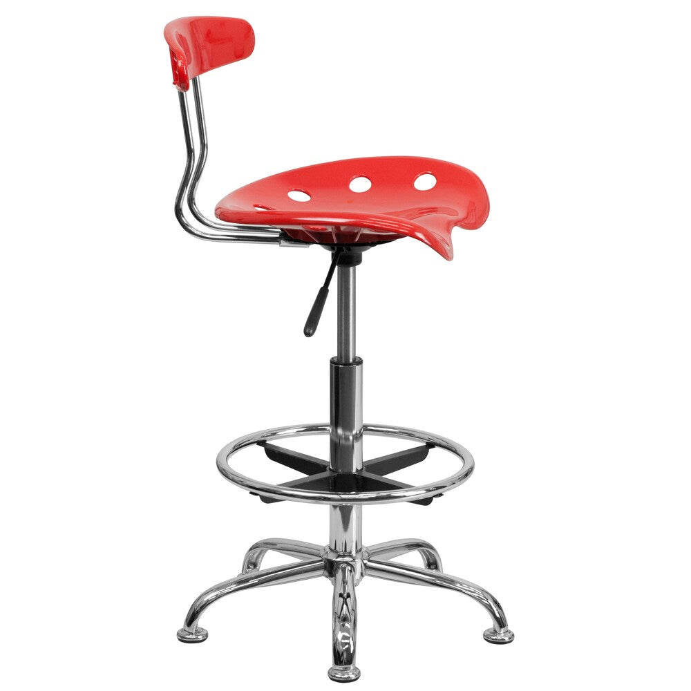 Tabouret de dessinateur chromé et couleur tomate cerise vibrante avec siège de tracteur