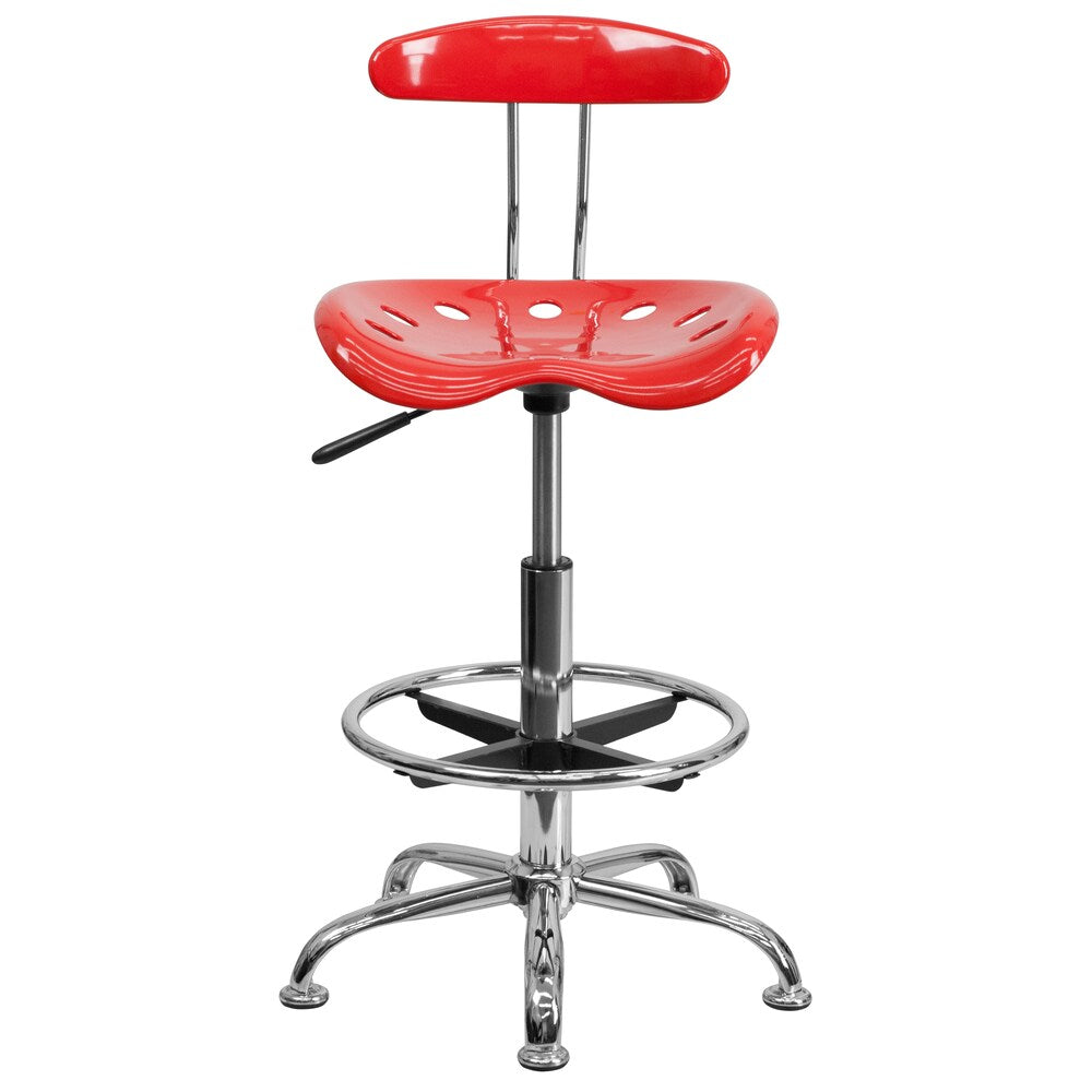 Tabouret de dessinateur chromé et couleur tomate cerise vibrante avec siège de tracteur