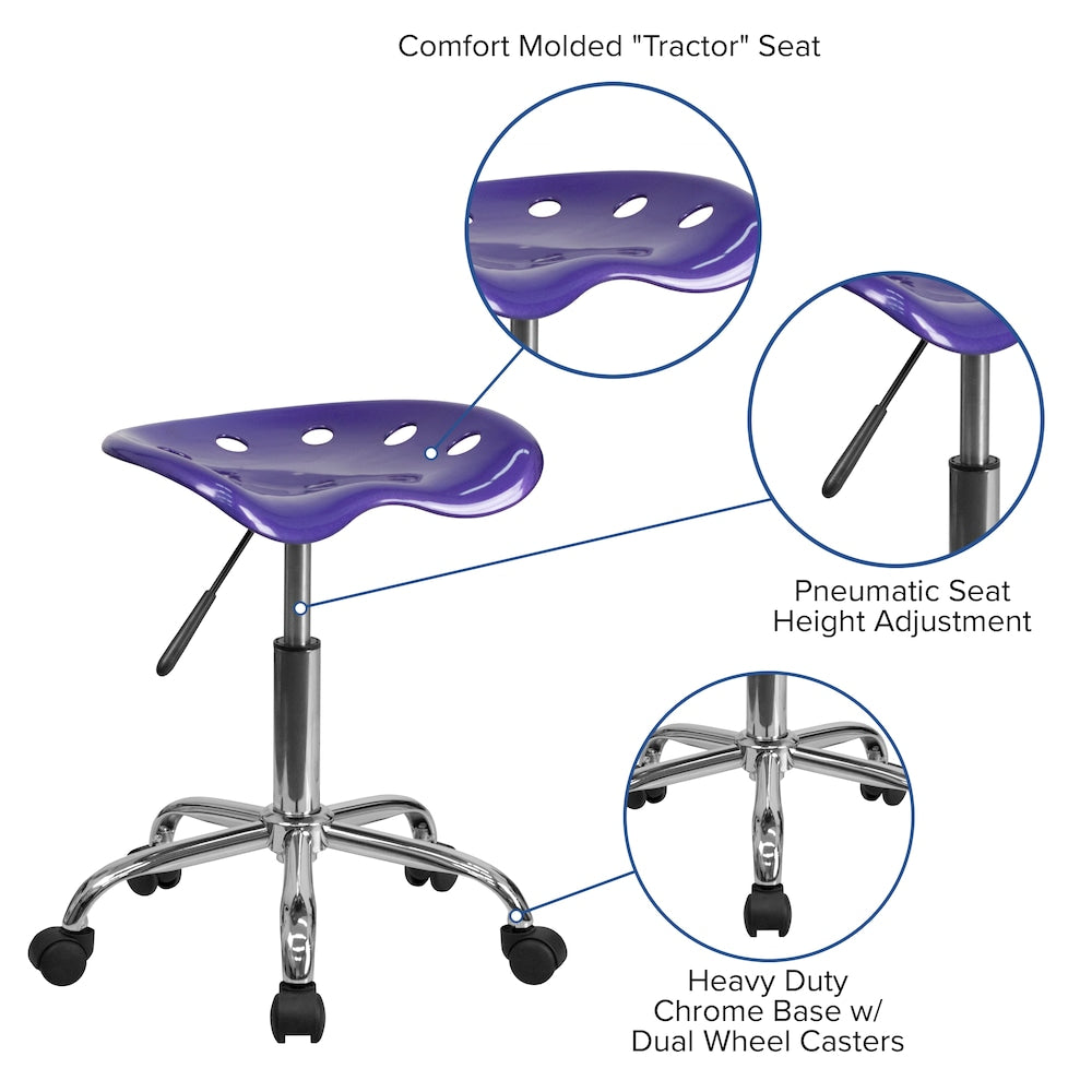 Siège de tracteur violet vibrant et tabouret chromé