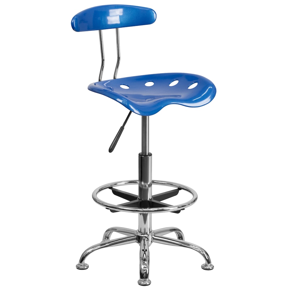 Tabouret de dessinateur bleu vif et chromé avec siège de tracteur