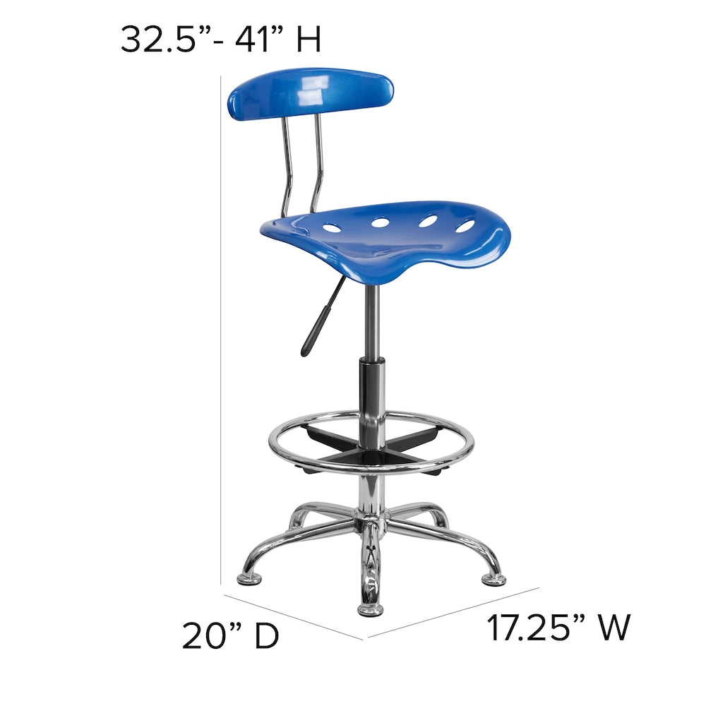 Tabouret de dessinateur bleu vif et chromé avec siège de tracteur