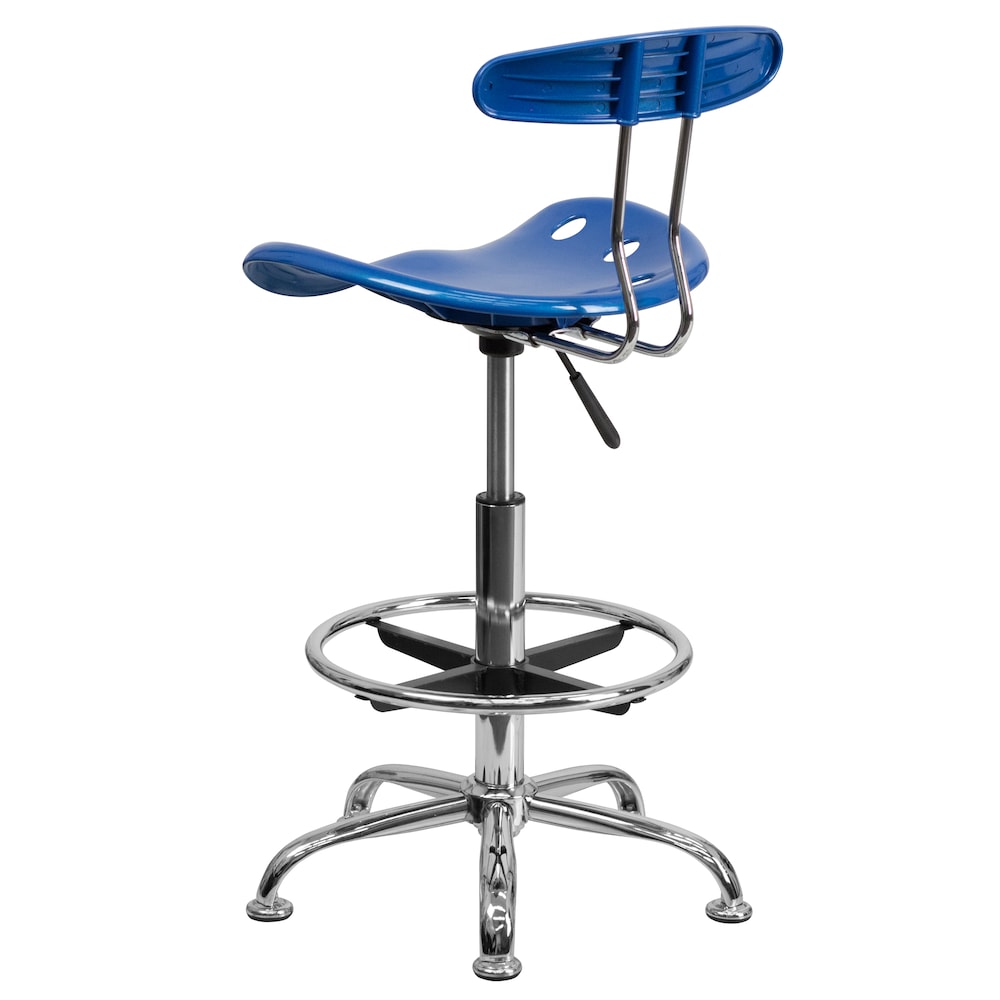 Tabouret de dessinateur bleu vif et chromé avec siège de tracteur