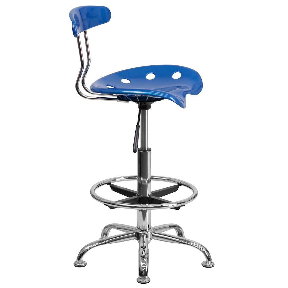 Tabouret de dessinateur bleu vif et chromé avec siège de tracteur