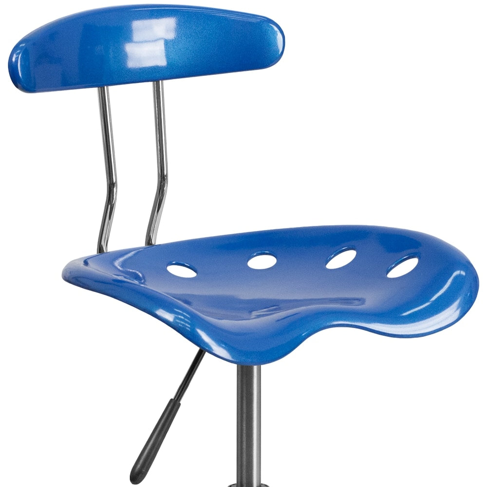 Tabouret de dessinateur bleu vif et chromé avec siège de tracteur