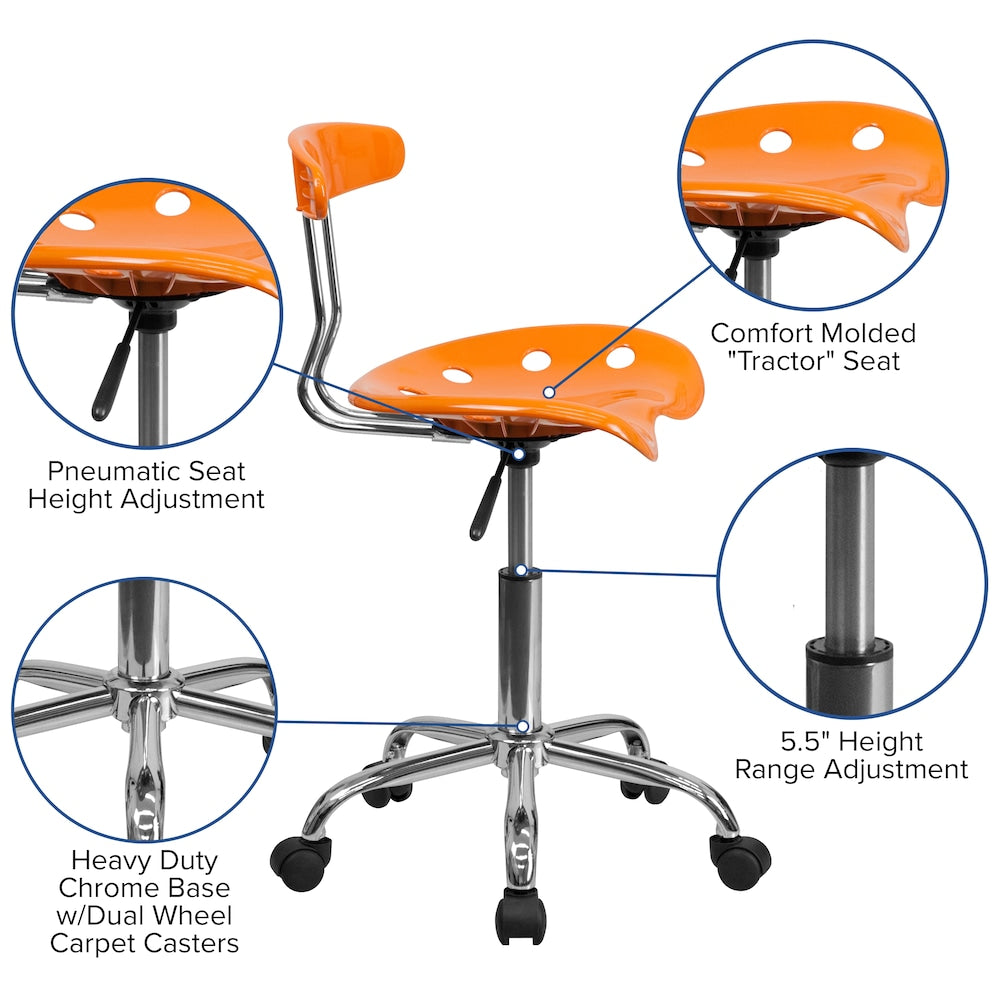 Chaise de travail pivotante orange vif et chromée avec siège tracteur